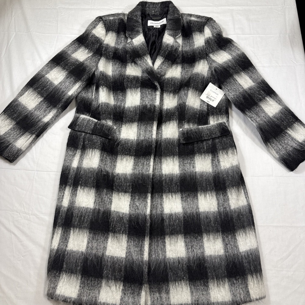 WOOL COAT WOMENS XL WINTER JACKET BLK WHITE CHECK PLAID NWT LIZ CLAIBORNE